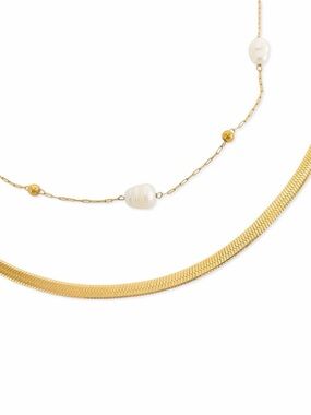 Gold Plated & White Pearl Layered Necklace - Women's Jewelry